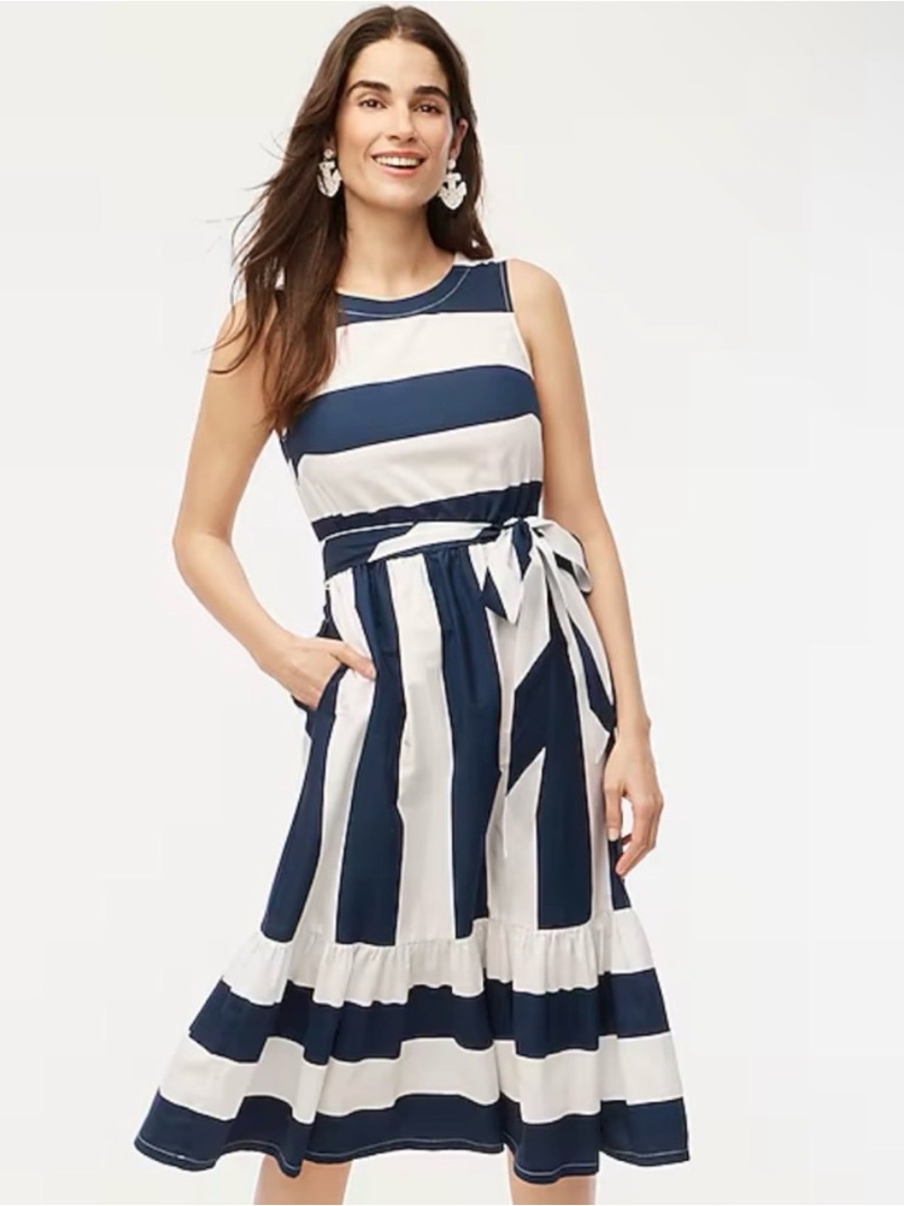 J. Crew Factory Poplin Nautical Blue White Stripes Midi Dress Waist Tie 2